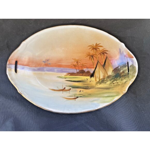 Vintage Noritake? Hand painted Oval Dish Made in Japan Seaside Scenery Trinket - Picture 2 of 7